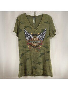 Harley Davidson Womens XL Camouflage V-Neck T-Shirt Studded Myrtle Beach SC Wing